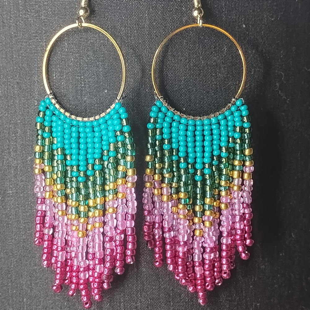 Beaded Hoop Earrings with Pink and Teal Accents